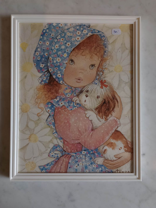 Billede i ramme: Pige krammer hund