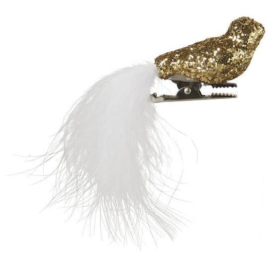 Fugl m/fjer og clips guldglitter