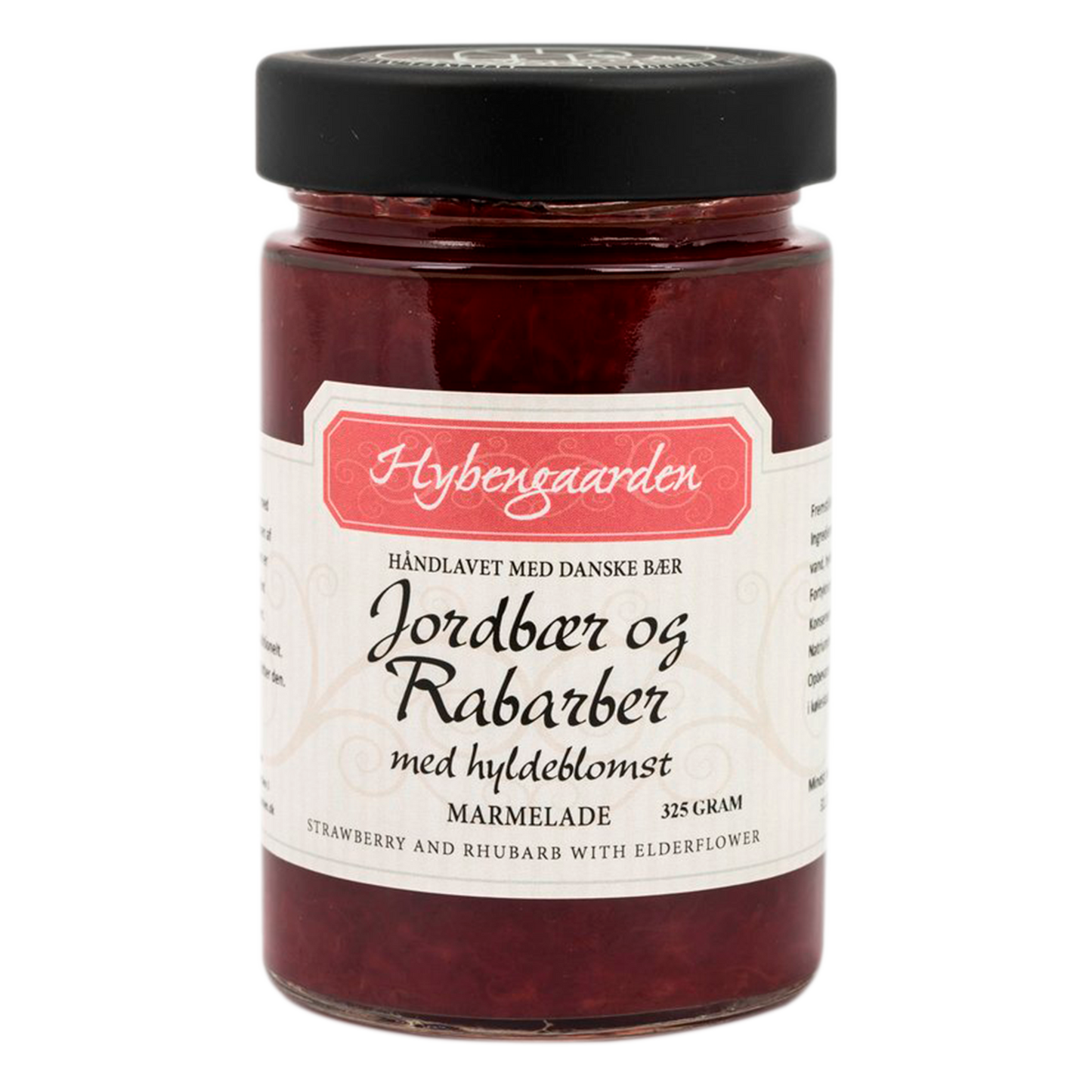 Hybengaarden Jordbær, rabarber, hyldeblomstmarmelade