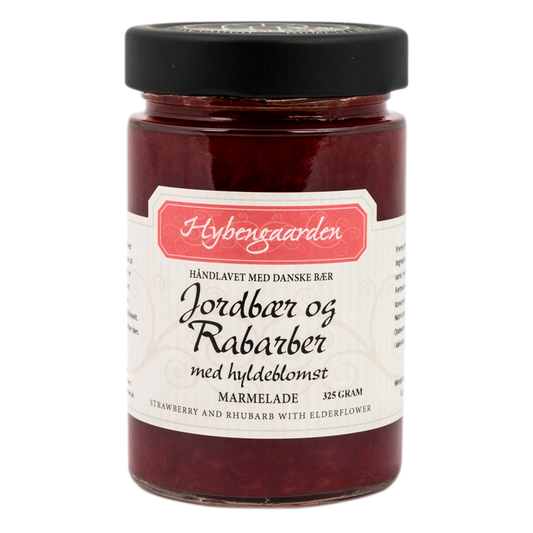 Hybengaarden Jordbær, rabarber, hyldeblomstmarmelade